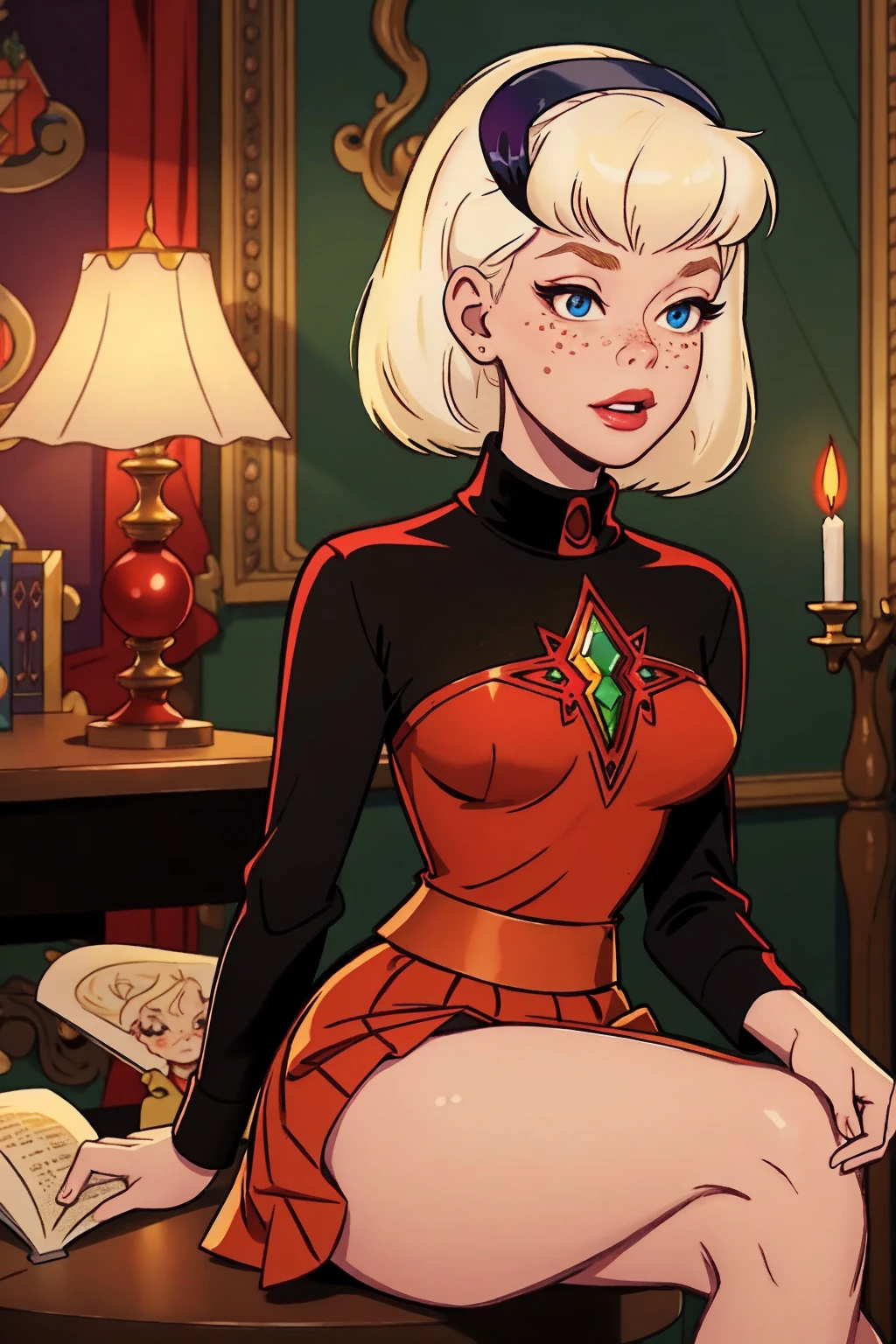 { masterpiece : best quality : high resolution : unity 8k wallpaper : illustration : beautiful detailed eyes : extremely detailed face : perfect lighting : extremely detailed CG }  { in a dark creepy library  } { Sabrina Spellman : : platinum blonde hair with red hairband : perfectly small shape breast : freckles : perfectly fit body :red turtleneck shirt : red skirt : studying : sitting at a study table }