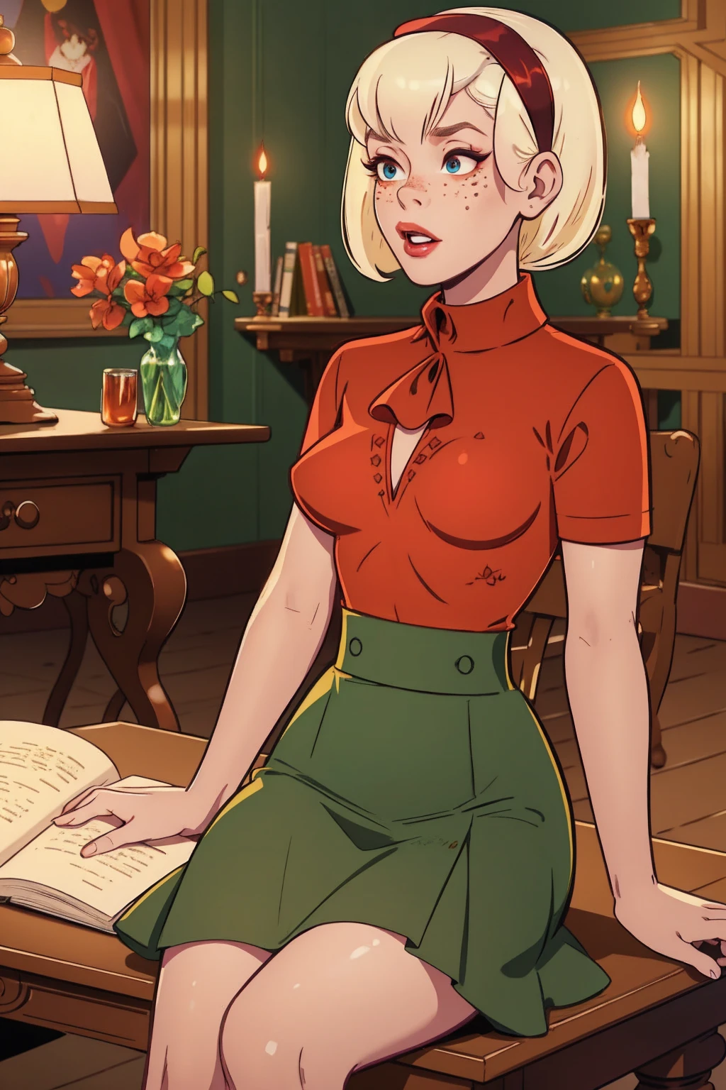 { masterpiece : best quality : high resolution : unity 8k wallpaper : illustration : beautiful detailed eyes : extremely detailed face : perfect lighting : extremely detailed CG }  { in a dark creepy library  } { Sabrina Spellman : : platinum blonde hair with red hairband : perfectly small shape breast : freckles : perfectly fit body :red turtleneck shirt : red skirt : studying : sitting at a study table }