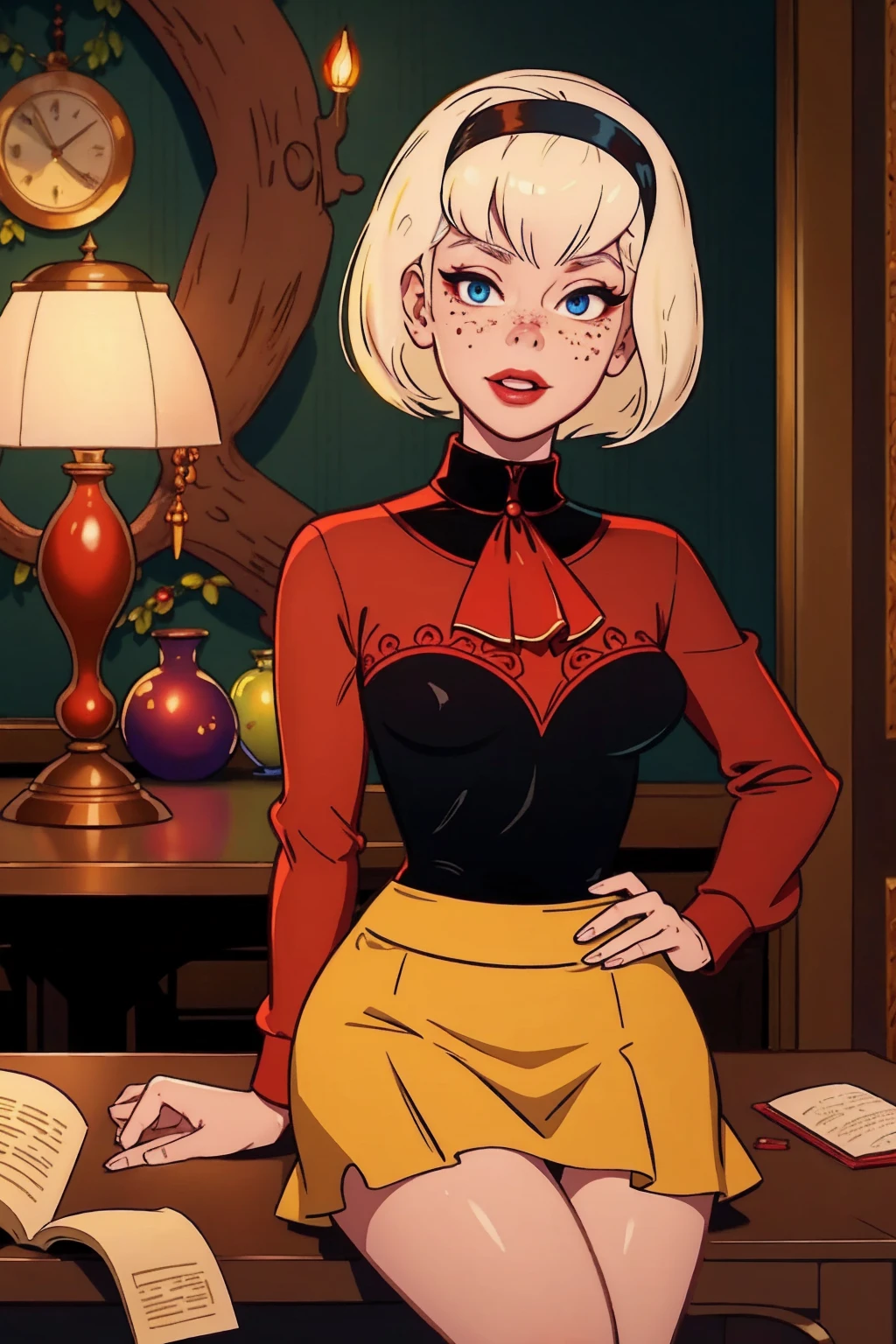 { masterpiece : best quality : high resolution : unity 8k wallpaper : illustration : beautiful detailed eyes : extremely detailed face : perfect lighting : extremely detailed CG }  { in a dark creepy library  } { Sabrina Spellman : : platinum blonde hair with red hairband : perfectly small shape breast : freckles : perfectly fit body :red turtleneck shirt : red skirt : studying : sitting at a study table }