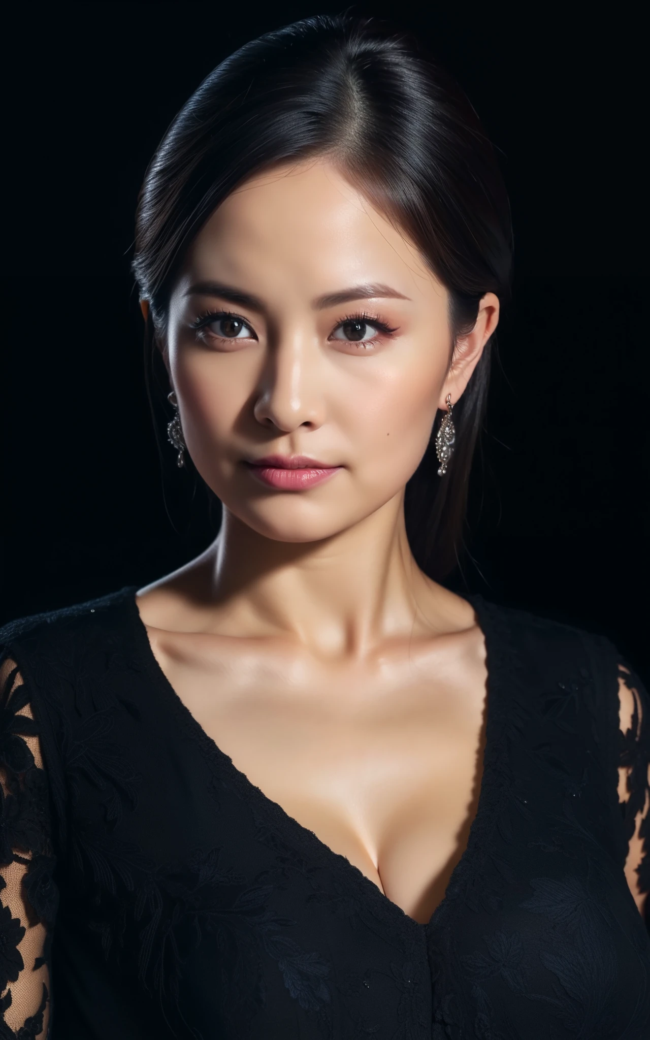 ((Top Quality, 8k, Masterpiece: 1.3, photorealistic)), (close up:1), Milf and attractive woman, business wear, serious, black background,