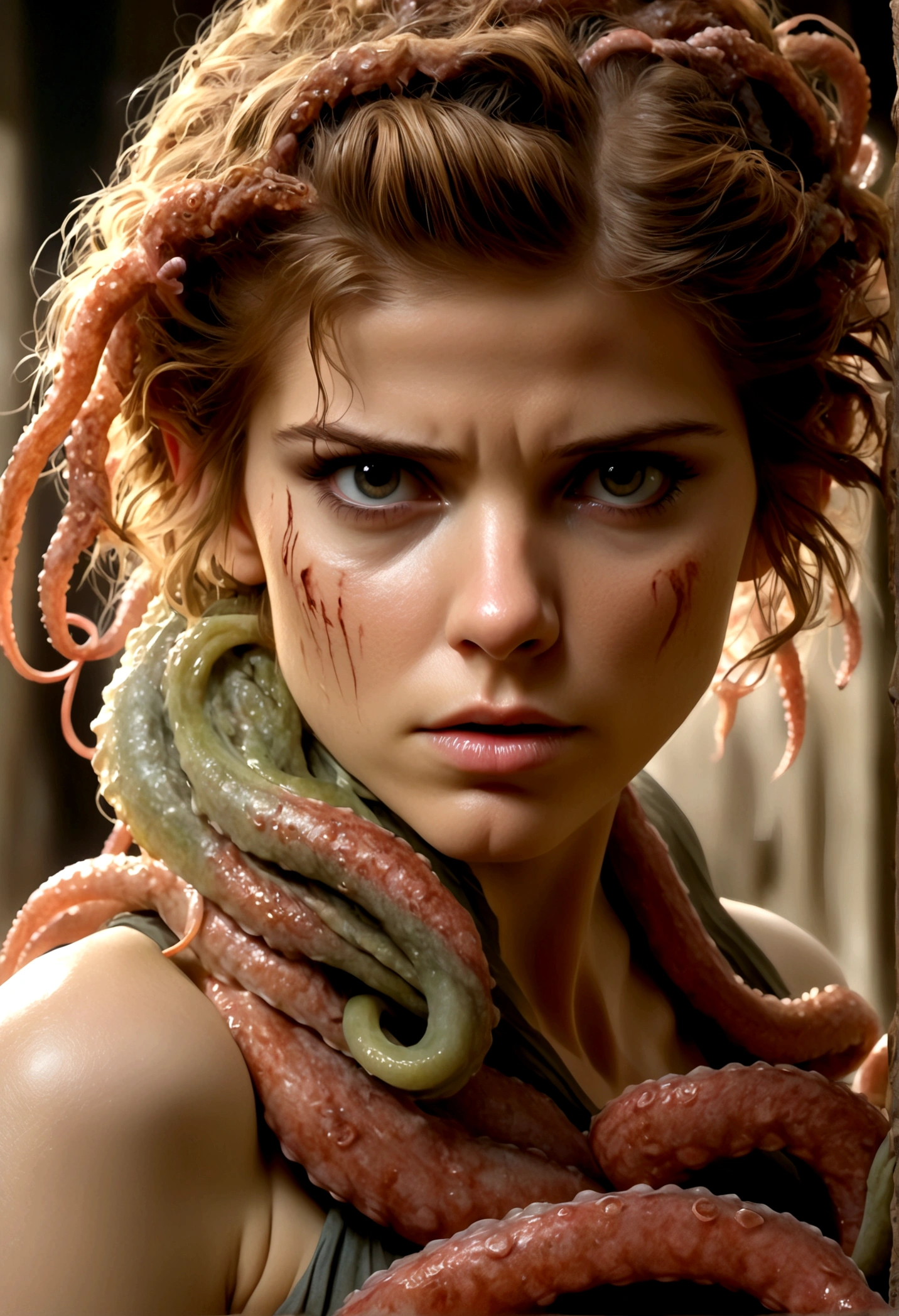 A cute woman, Kate Mara, age 25, dirty, scrapes and scratches, dressed in rags of a torn summer dress, struggling with a horny tentacle beast, slimy tentacles pulling off her clothes, exploring her body, photorealistic, 8k, detailed facial features, beautiful eyes, beautiful lips, extremely detailed, highly detailed face, intricate details, masterpiece, hyper realistic, cinematic lighting, dramatic lighting, dark fantasy, horror, dark art
