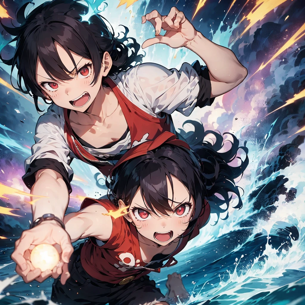 A dynamic portrait of Monkey D. Luffy from One Piece. His hair is white and spiked up, with glowing red eyes. He's wearing a white jacket open at the chest. In his hands, he's manipulating a bright blue-white energy sphere, surrounded by crackling blue electricity. The background swirls with intense waves of purple, blue, and white light. The overall composition exudes power and intense energy. The style is anime-inspired but with a more realistic and impactful rendering. Luffy's expression shows a determined grin, his eyes blazing with challenge. Electric-like energy bursts radiate around him, emphasizing his power. The artwork captures Luffy in a moment of unleashing a powerful ability, showcasing his strength and resolve