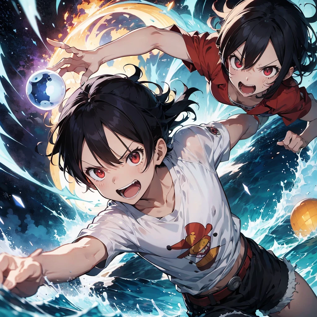 A dynamic portrait of Monkey D. Luffy from One Piece. His hair is white and spiked up, with glowing red eyes. He's wearing a white jacket open at the chest. In his hands, he's manipulating a bright blue-white energy sphere, surrounded by crackling blue electricity. The background swirls with intense waves of purple, blue, and white light. The overall composition exudes power and intense energy. The style is anime-inspired but with a more realistic and impactful rendering. Luffy's expression shows a determined grin, his eyes blazing with challenge. Electric-like energy bursts radiate around him, emphasizing his power. The artwork captures Luffy in a moment of unleashing a powerful ability, showcasing his strength and resolve