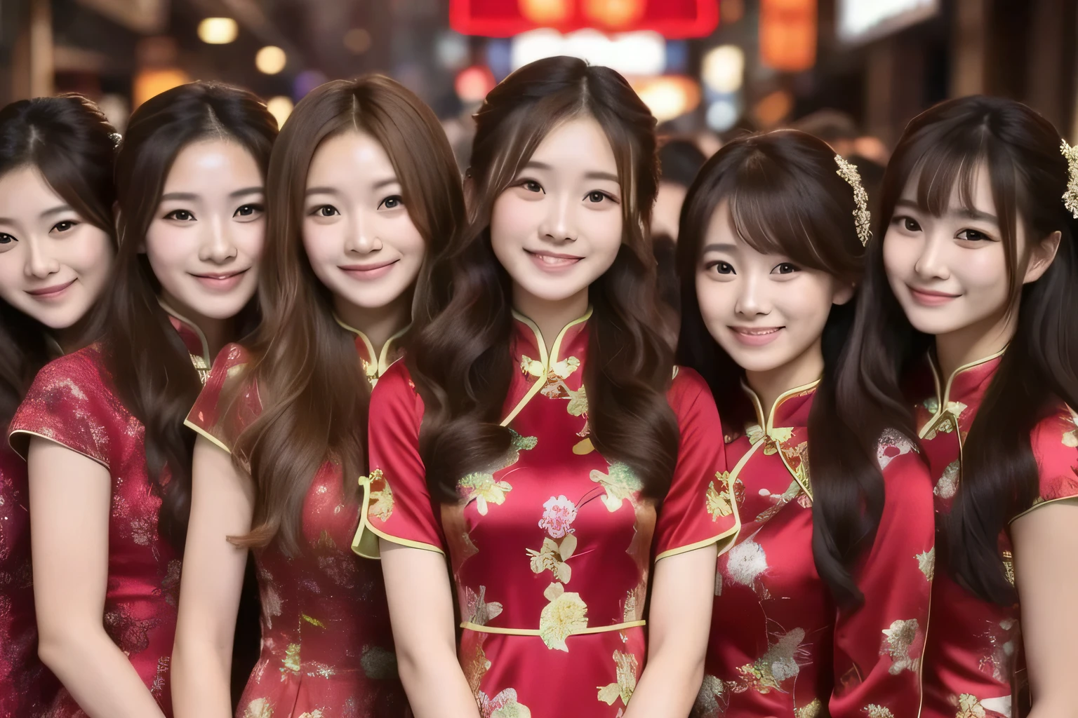 100 Girls,Crowded, Long Hair, Brown Hair, Curly Hair, Hazel Eyes,China dress, No sleeve, sexy, A row of girls, Girls standing in a row, Girls only, Sisters