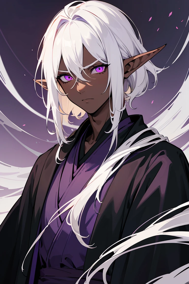 masterpiece, high quality, perfect face, 1man, male, tall, dark elf, short messy white hair, glowing purple eyes, looking at other way, scared face, shy, dark skin, long elf ears, tired eyes, eyebags, black robe