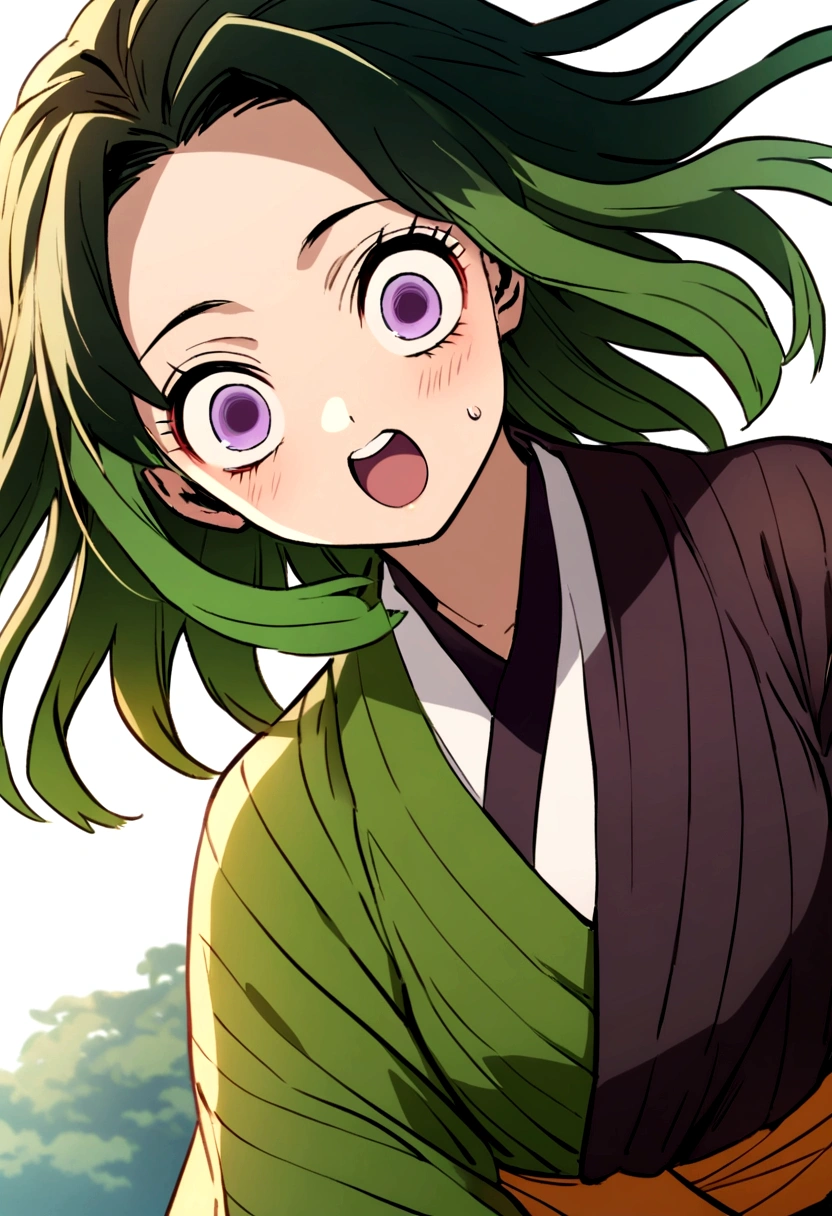 Surprised kimetsu no yaiba style girl with brown skin, purple eyes and green hair.
