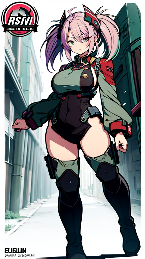 Highly detailed, anime, 1 girl, fuchsia colored hair, split-color hair, prinz eugen's hairstyle, sage-green colored hair, detailed eyes, busty, gorgeous chunky body, special agent torn clothes, dark boots, serious expression, full body, 