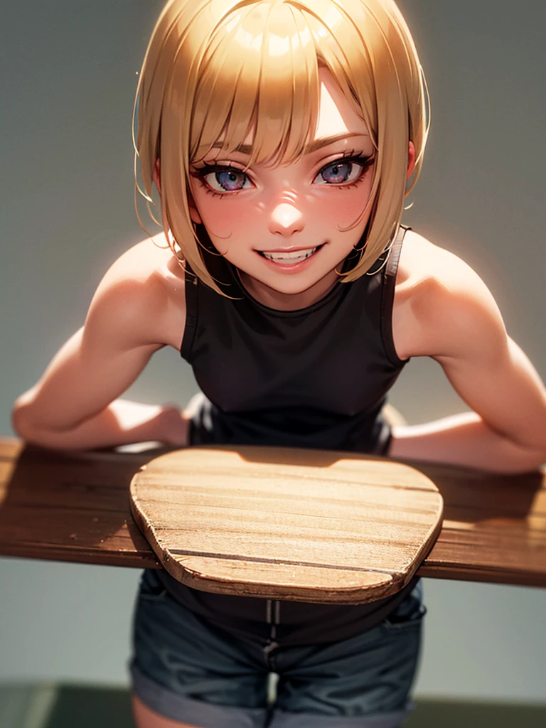 ((Ultra-detailed)), (top-quality), ((masterpiece)), ((Super exciting)), ((8K)), ((1080p)), ((extremely clear)), ((Very sophisticated)),((natural lighting)), ((depth of fields)), ((Glowing skin)), ((gleaming)), ((shiny-glistening)), (3D)), ((Perfect Anatomy)), (Realistic skin texture), ((Detailed face description)), (((perfect balance))), (((Solo))), ((a girl)), ((elder sister)), (grinned)), (slanted eyes), (sit on bench), (grinned), ((sleeveless)), (shirts), (short pants), ((simple background)),