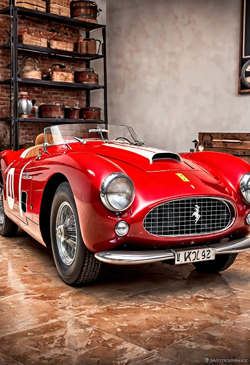 a classic vintage 1950s ferrari racing car, elegant retro design, detailed weathered metallic body, classic red paint, chrome accents, whitewall tires, vintage racing stripes, detailed interior with leather seats, (best quality,4k,8k,highres,masterpiece:1.2),ultra-detailed,(realistic,photorealistic,photo-realistic:1.37),intricate engineering, iconic sports car, automotive engineering, hdr,studio lighting,extreme detail description,professional,vivid colors,classic sports car,vintage style