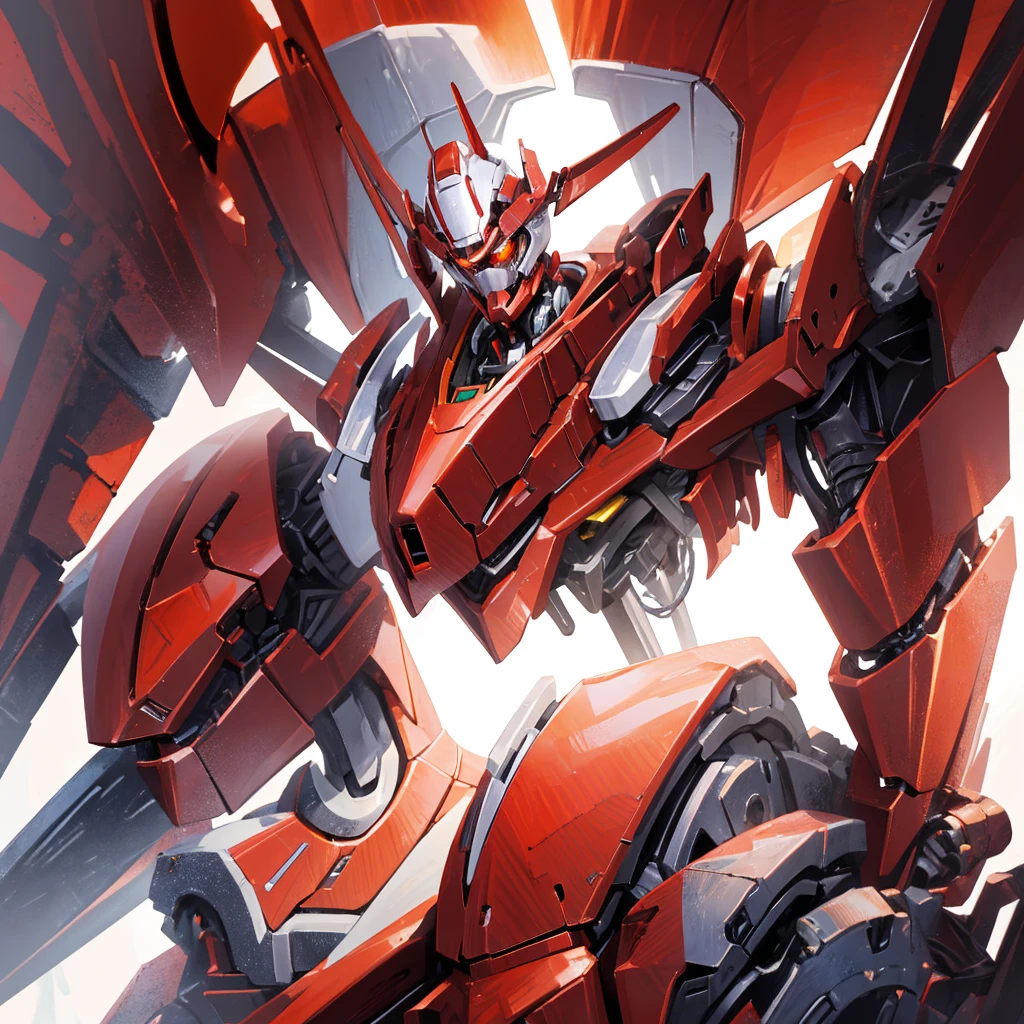 A red humanoid mecha made of steel，There is no one in the picture，A huge mecha shining with golden light，((Pure white background))