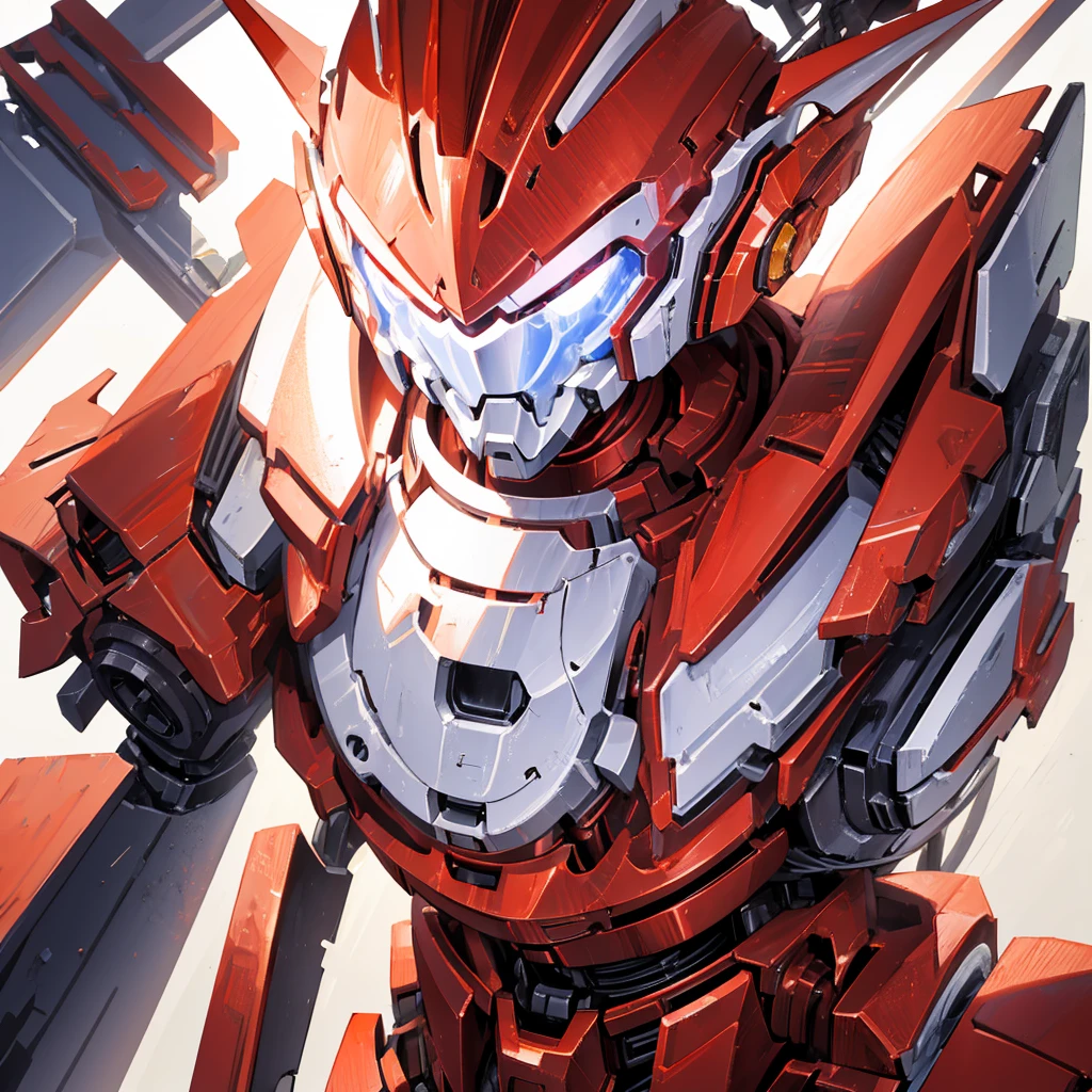 A red humanoid mecha made of steel，There is no one in the picture，A huge mecha shining with golden light，((Pure white background))