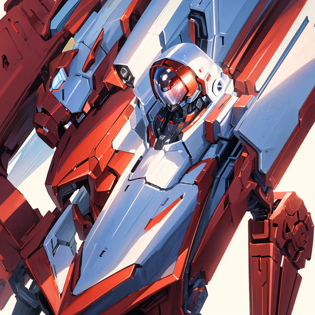 A red humanoid mecha made of steel,There is no one in the picture,A huge mecha shining with golden light,((Pure white background))