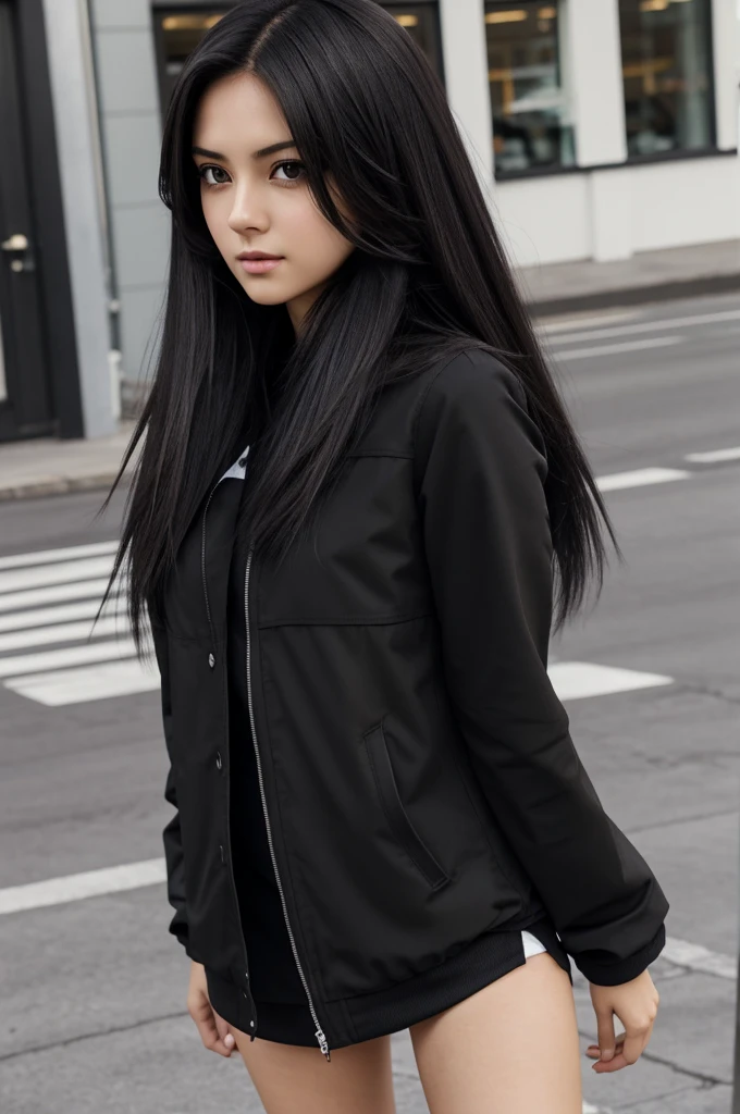 Women, anime girl, long hair, straight and jet black, he usually wears it loose", "Large, deep dark brown eyes, almost black", "fur: pale, which contrasts with his dark hair", "Thin but athletic build, with a slim figure", outfit: