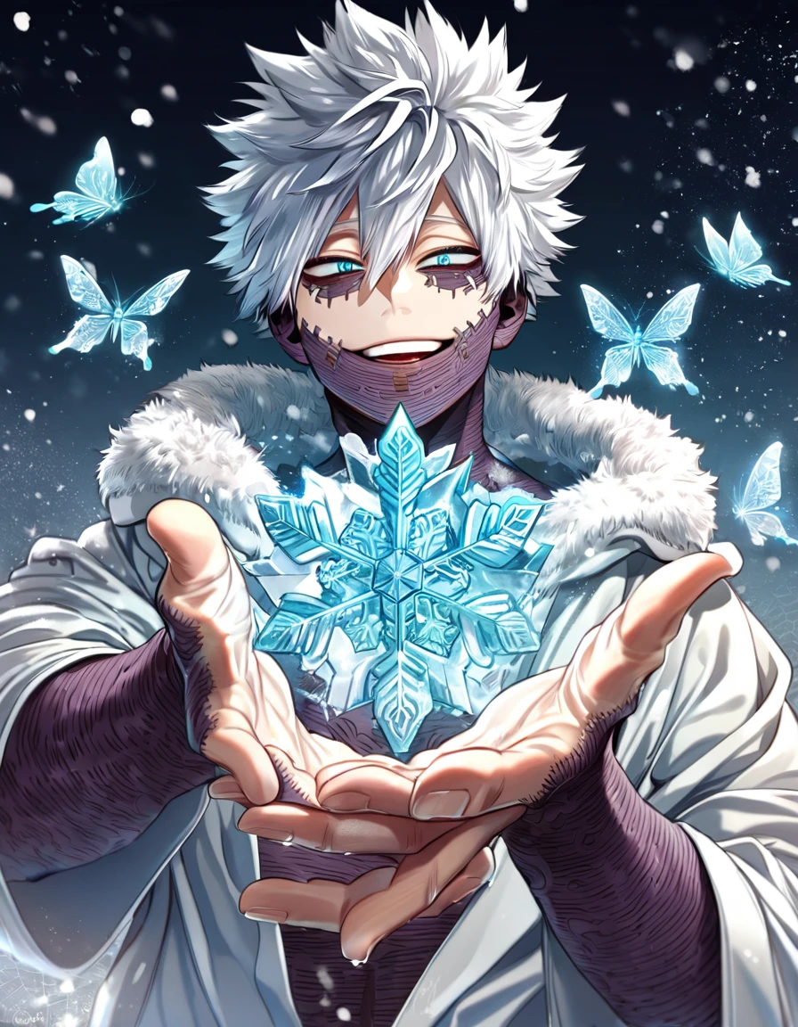 absurdres, highres, ultra detailed, HDR, master piece, best quality, extremely detailed, Dabi, white hair, expressive turquoise eyes, Boku No Hero Academia, solo, sexy man, handsome, smiling, magical, fantasy, snowflakes, ice butterflies, ice, snowing