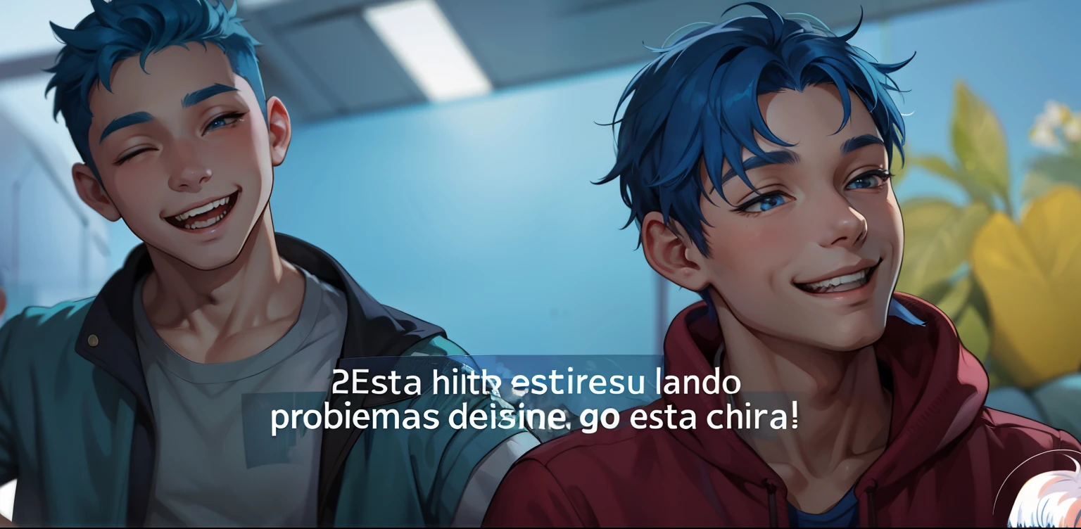 There are two boys with blue hair, they love each other, they smile with joy.
