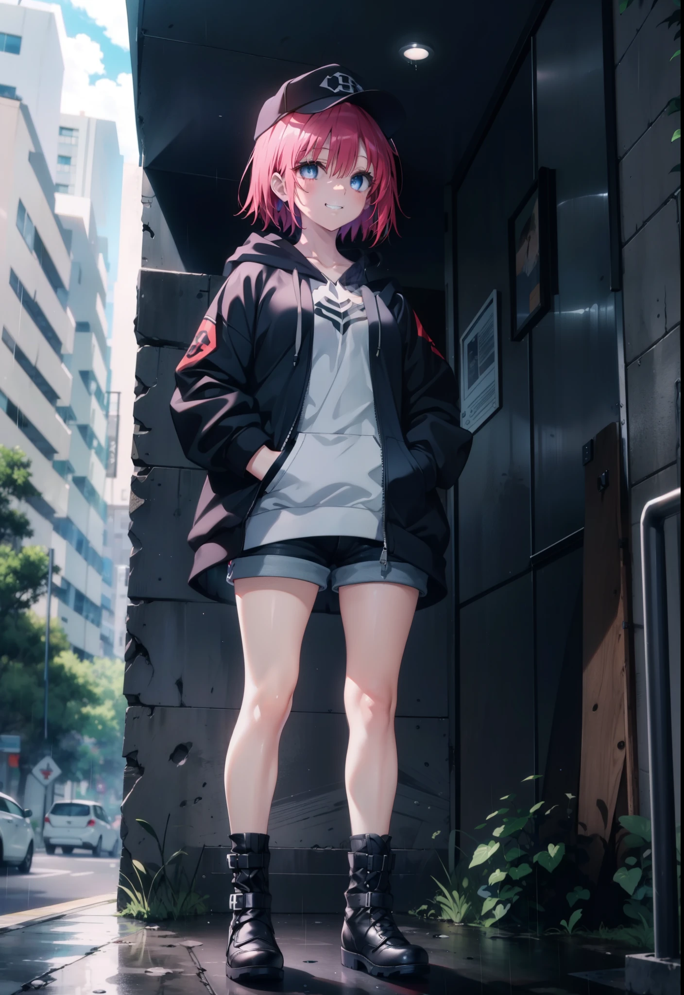 (masterpiece, Highest quality:1.2),shape,8K,High resolution,mea kurosaki,Mea Kurosaki,Redhead,Long Hair,Purple eyes,1 Girl,Baseball hats,Oversized black hoodie,Black shorts,short boots,Grin,smile,Both hands are in the pockets of the hoodie,Hiding in a roofed building,Standing leaning against a wall,rain,night,cloudy,whole bodyがイラストに入るように,
break looking at viewer,whole body,
break indoors, Alley,
break (masterpiece:1.2), Highest quality, High resolution, ユニティ 8K 壁紙, (shape:0.8), (Beautiful and beautiful eyes:1.6), Highly detailed face, Perfect lighting, Highly detailed CG, (Perfect hands, Perfect Anatomy),