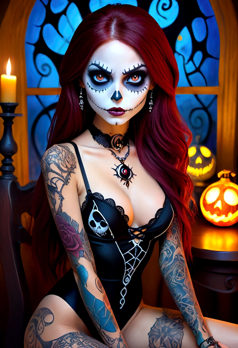 Create a hyper detailed photograph of a nightmare before Christmas tattoos young sexy stunning gorgeous sally Skellington, Stunningly perfect gorgeous face, perfect makeup, detailed vibrant eyes, maroon long hair,detailed perfect beautiful legs, detailed perfect beautiful arms, realistic torso, detailed silky smooth skin texture, detailed silky smooth perky breast, perfect round ass, sexy transparent strappy lace lingerie, back to viewer looking forward,