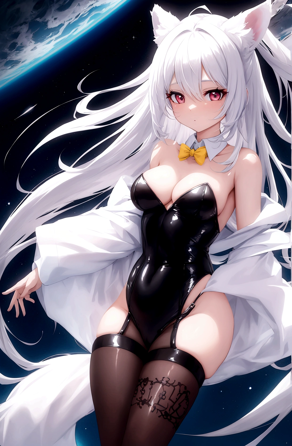 Among us and sexy rabbit girl with white hair floating in space while looking ahead