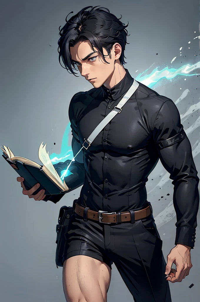 1  Man, Strong, Short black hair, uniform, magic powers, Book