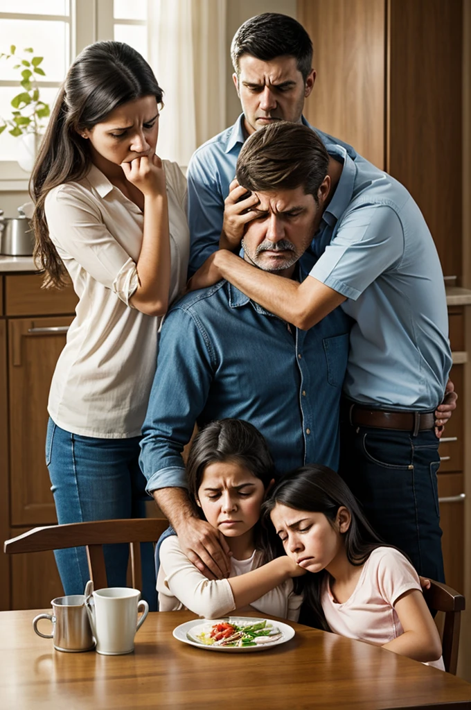 create an image for a comic of a family sitting at the kitchen table, with sadness. The angry father , mother comforting adult daughter who is crying