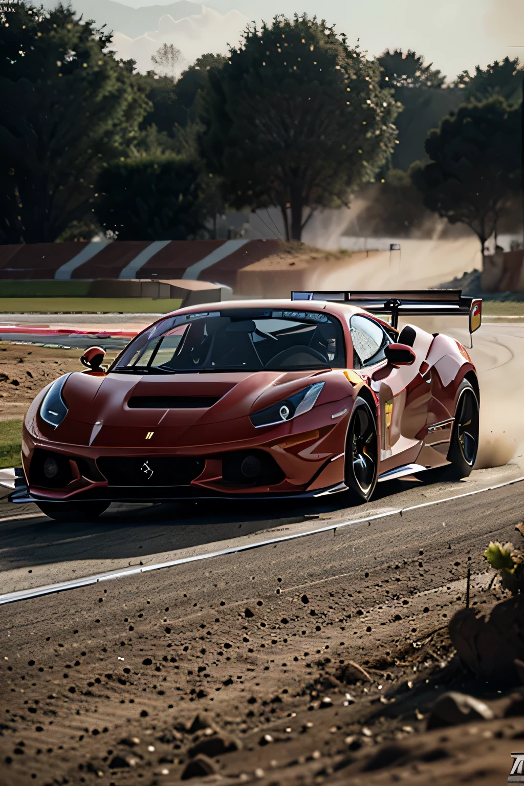 a vintage red ferrari racing car, highly detailed, extremely realistic, hyperrealistic, photorealistic, 8k, intricate details, glossy paint, chrome details, racing stripes, racing number, racing tires, racing track, dust and dirt, motion blur, dramatic lighting, cinematic angle, epic composition, cinematic colors, warm tones, depth of field, sharp focus