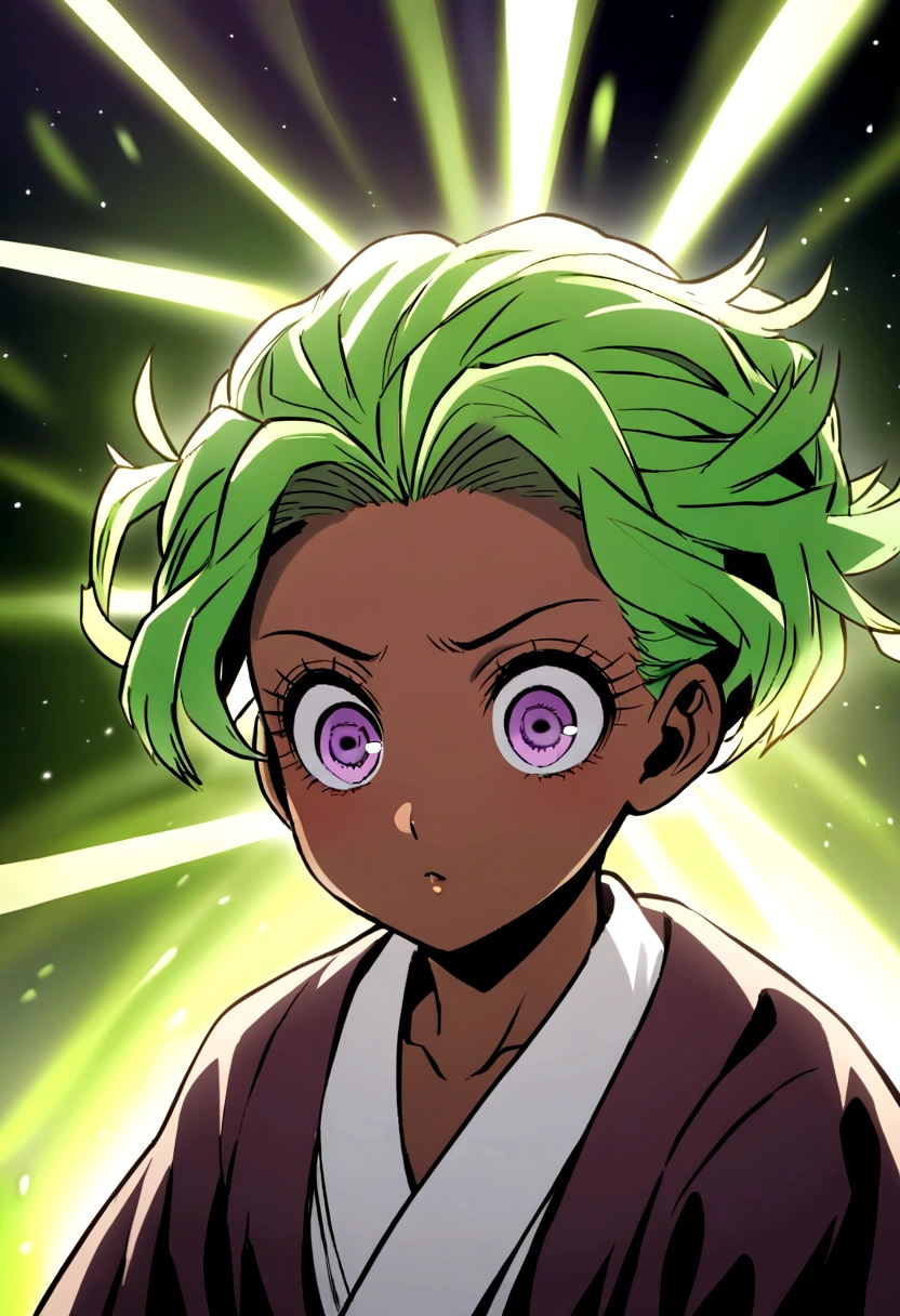 Surprised kimetsu no yaiba style girl with brown skin, purple eyes and green hair.