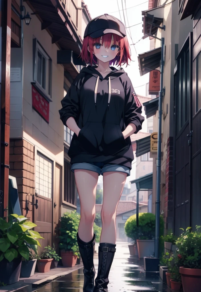 (masterpiece, Highest quality:1.2),shape,8K,High resolution,mea kurosaki,Mea Kurosaki,Redhead,Long Hair,Purple eyes,1 Girl,Baseball hats,Oversized black hoodie,Black shorts,short boots,Grin,smile,Both hands are in the pockets of the hoodie,Hiding in a roofed building,Standing leaning against a wall,rain,night,whole bodyがイラストに入るように,
break looking at viewer,whole body,
break indoors, Alley,
break (masterpiece:1.2), Highest quality, High resolution, ユニティ 8K 壁紙, (shape:0.8), (Beautiful and beautiful eyes:1.6), Highly detailed face, Perfect lighting, Highly detailed CG, (Perfect hands, Perfect ???????),