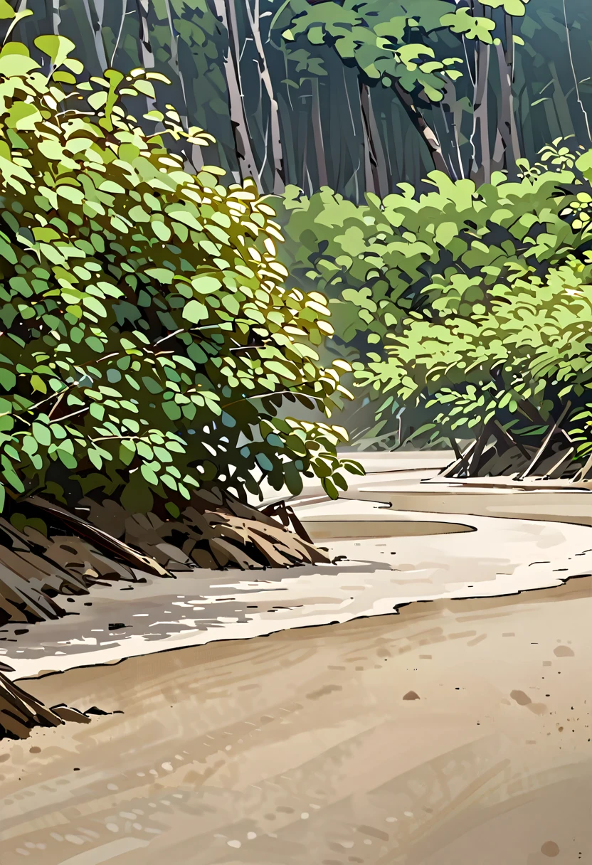 Deserted beach, High detail, Sharpness, Clear vision, Sandy beach in the foreground、You can see the forest in the background。