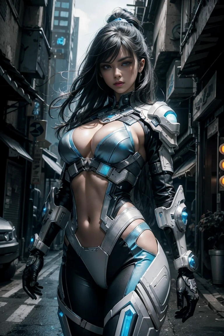 Gorgeous mech warrior woman, white battle suite with blue LED lights, high-tech, assassin, cyberpunk city background, futuristic, detailed and intricate, cleavage, sexy masterpiece, best quality, highest quality, high definition, highly detailed, 8K, athletic and fit body, naughty, perfect hands, detailed hands, perfect eyes, detailed eyes, flirty, sexy, realistic, HDR, UHD, dynamic, cleavage