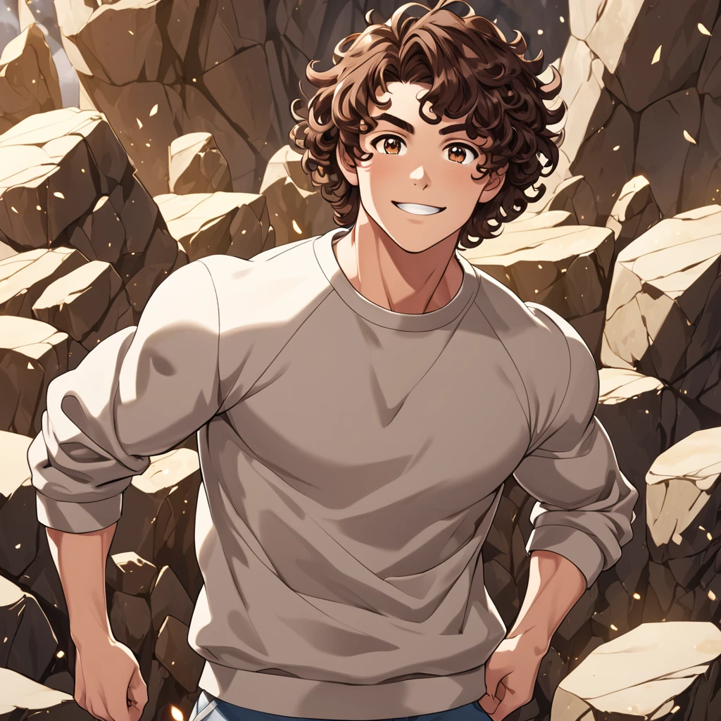 age muscular brunette man, short brown curly hair, eyes browns, stone elemental power, sweatshirt, happy