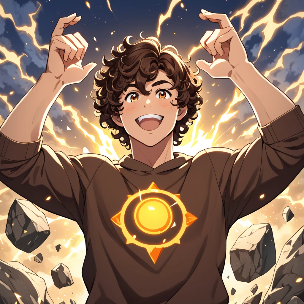 age muscular brunette man, short brown curly hair, eyes browns, stone elemental power, sweatshirt, happy