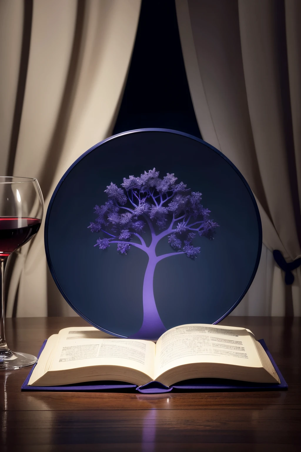 Create an emblem featuring a Bible, wine, and a tree, using dark blue, light blue, and purple colors; no text, just a simple, cohesive design, ícone logo

