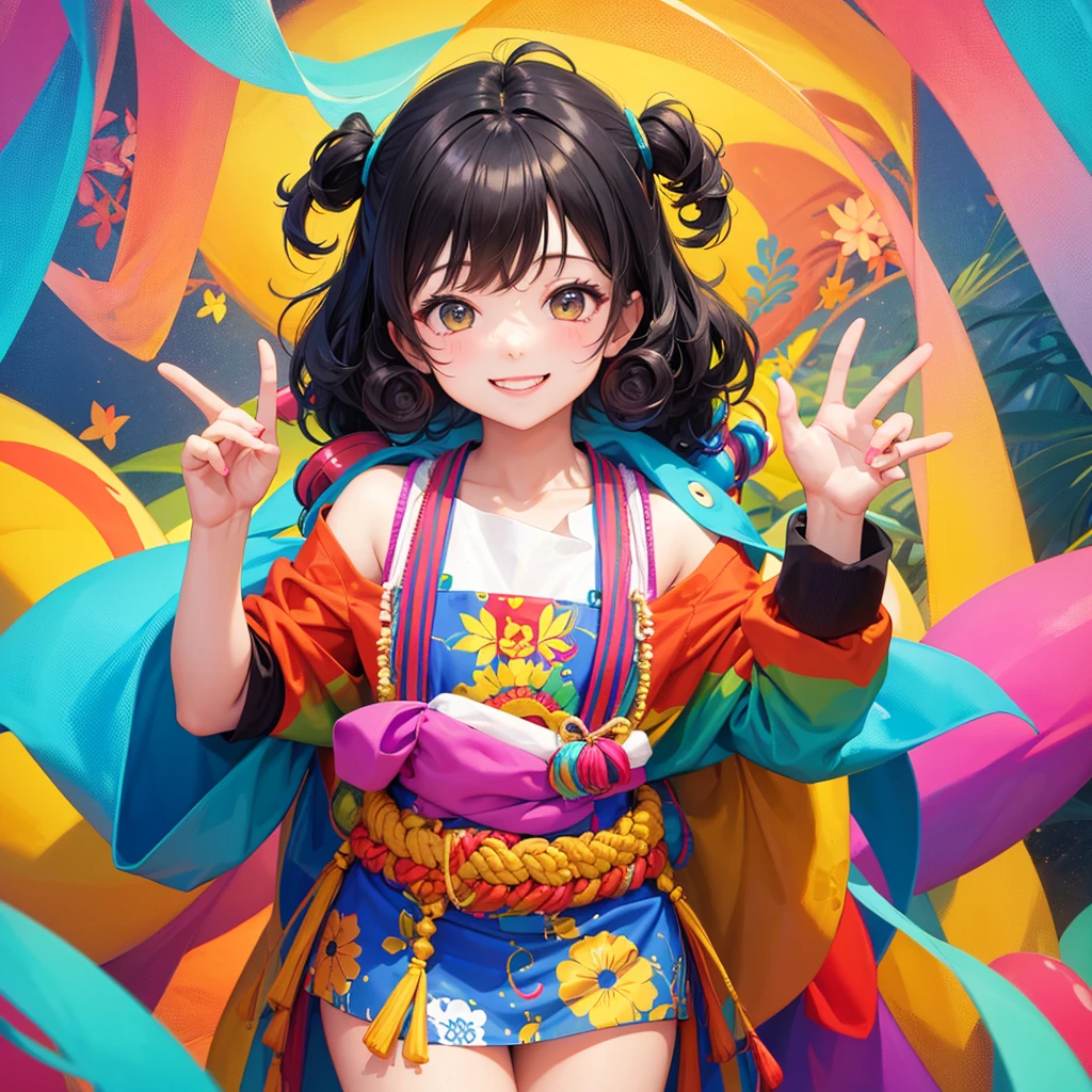Cute smiling Kwai girl all colorful and happy with a happy face with curly hair