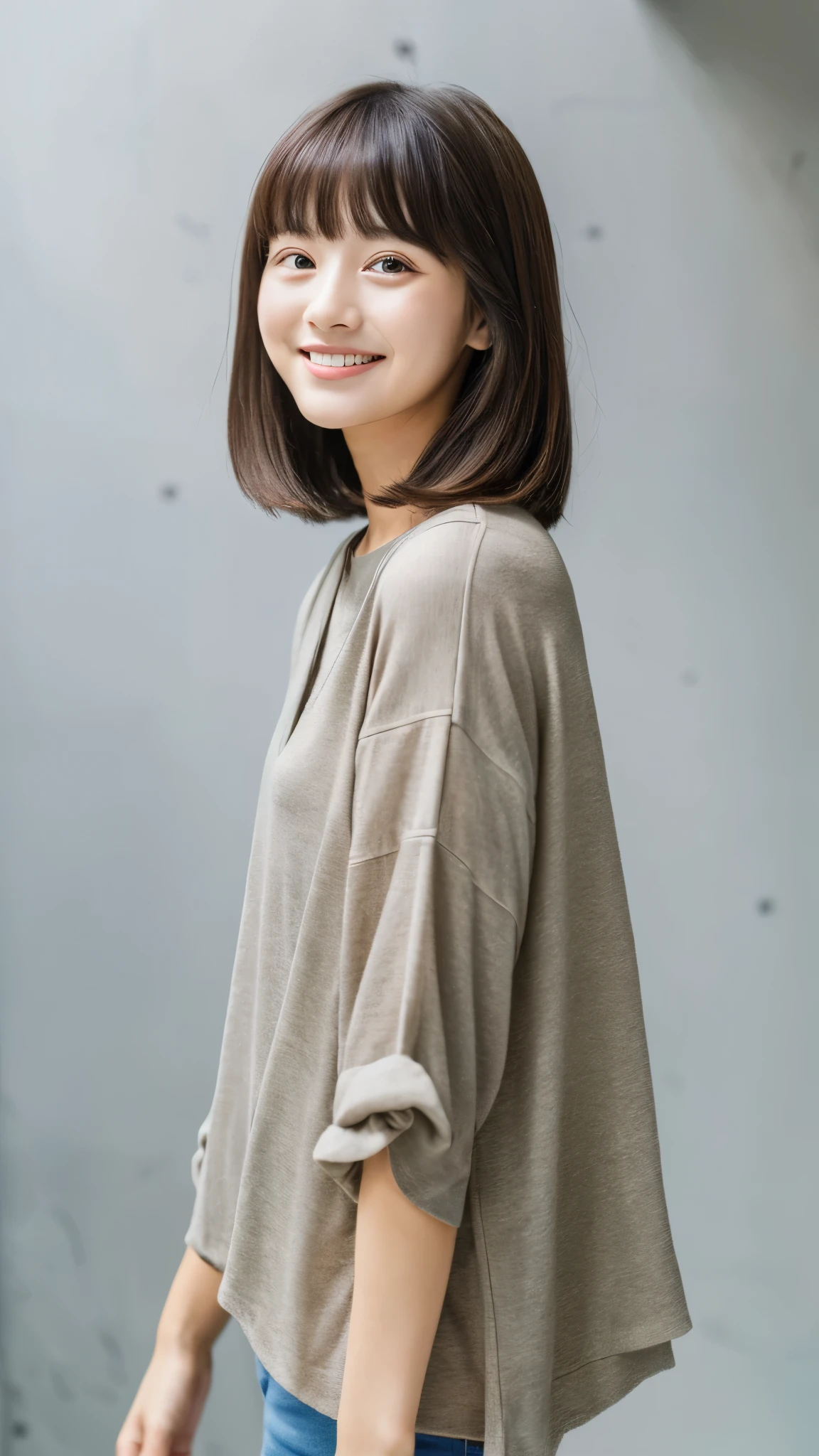 (top-quality、16K resolution) 1 girl、solo、natural soft light、smile, Looking at the camera、casual outfit、Concrete background、Facing the front、is standing、Woman in her late teens、Light bangs、short hair, Salon model、Natural look、portlate、floated hair、Rolled hair