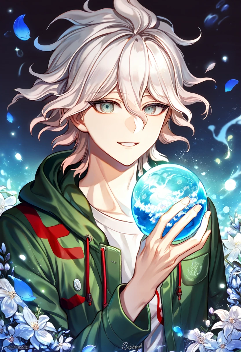 absurdres, highres, ultra detailed, HDR, master piece, Komaeda Nagito, white hair, expressive light green-grey eyes, green coat with a hoodie,white shirt, Danganronpa, man, handsome, best quality, blue moon, flowers, fantasy, magical, solo, water, blue shining fireflies, blue petals, handsome smile,