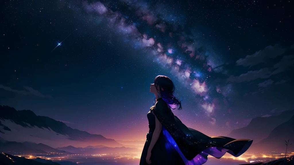 Woman stargazing at the sky, The girl stares into space, Anime Art Wallpapers 8K, 4k anime wallpaper, anime art wallpaper 4k, anime art wallpaper 4k, anime wallpaper 4k, anime wallpaper 4k, Anime Style 4k, 8k HD Wallpaper Digital Art, Anime girl with space-like hair, The endless universe in the background