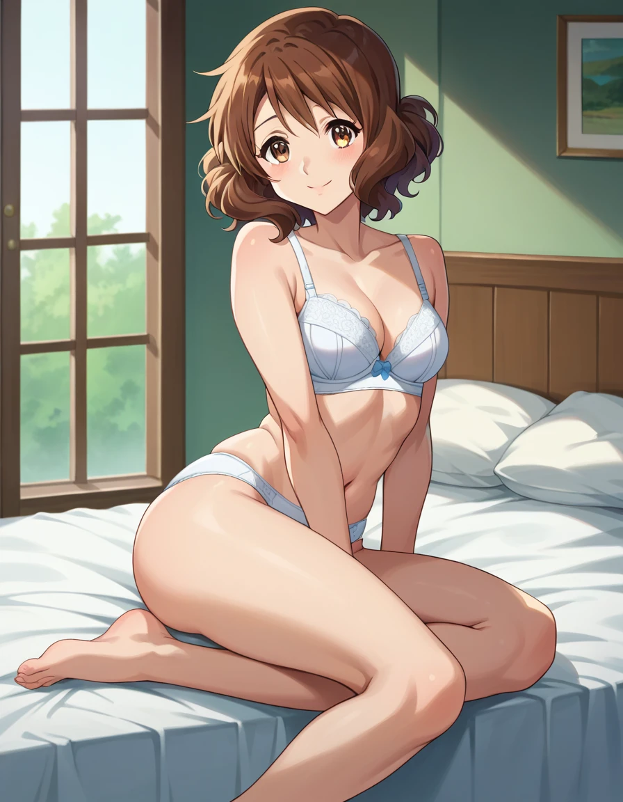 Highest quality, High resolution, masterpiece, (Beautiful Eyes), (Fine grain), Detailed face, kumiko oumae, Brown eyes, Brown Hair, short hair, Wavy Hair, smile, blush, indoor, bedroom, whiteいベッド, View your viewers, Sitting on the bed, (Wide pelvis:1.5), (Big Ass), (white_bra:1.5), (white_Panties:1.5), (Thick thighs), (Stretch:1.5)