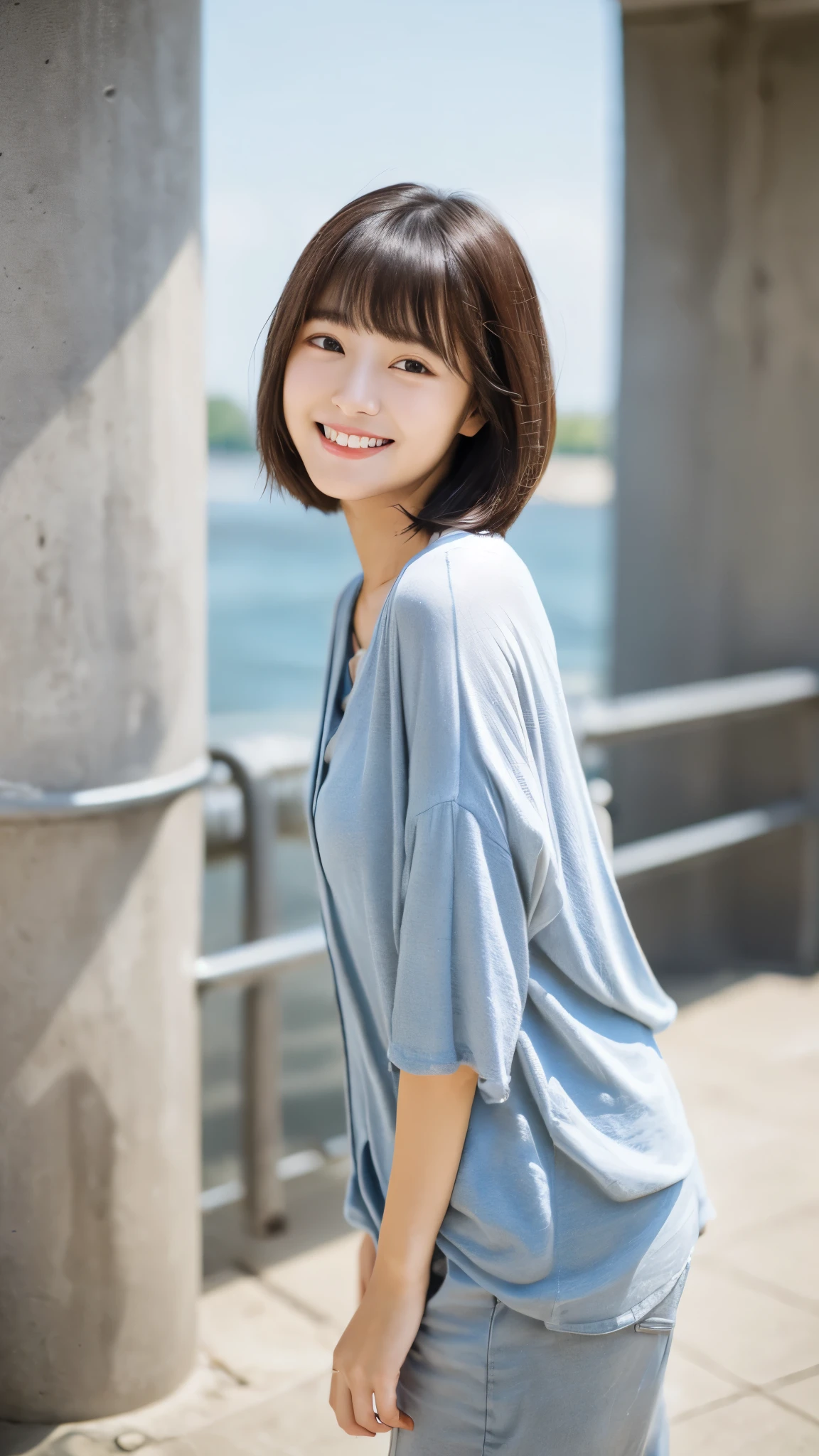 (top-quality、16K resolution) 1 girl、solo、natural soft light、smile, Looking at the camera、casual outfit、Concrete background、Facing the front、is standing、Woman in her late s、Light bangs、short hair, Salon model、Natural look、portlate、floated hair、Rolled hair