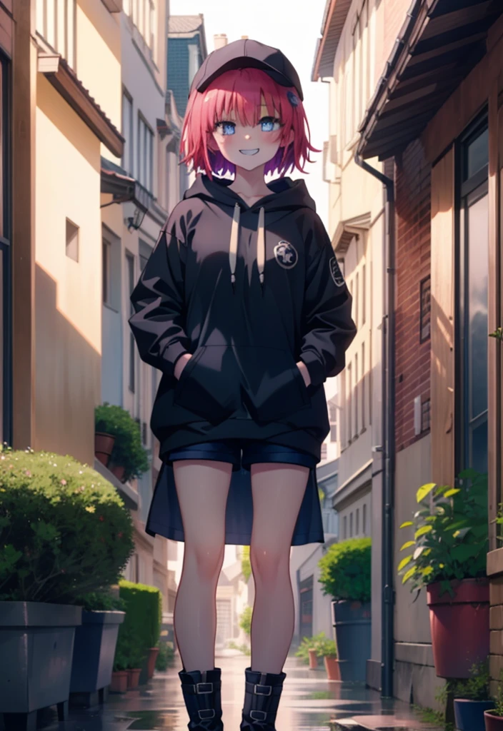 (masterpiece, Highest quality:1.2),shape,8K,High resolution,mea kurosaki,Mea Kurosaki,Redhead,Long Hair,Purple eyes,1 Girl,Baseball hats,Oversized black hoodie,Black shorts,short boots,Grin,smile,Both hands are in the pockets of the hoodie,Hiding in a roofed building,Standing leaning against a wall,rain,night,whole bodyがイラストに入るように,
break looking at viewer,whole body,
break indoors, Alley,
break (masterpiece:1.2), Highest quality, High resolution, ユニティ 8K 壁紙, (shape:0.8), (Beautiful and beautiful eyes:1.6), Highly detailed face, Perfect lighting, Highly detailed CG, (Perfect hands, Perfect Anatomy),