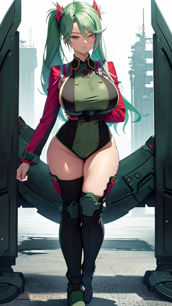 Highly detailed, anime, 1 girl, fuchsia colored hair, split-color hair, prinz eugen's hairstyle, sage-green colored hair, detailed eyes, busty, gorgeous chunky body, special agent torn clothes, dark boots, serious expression, full body, 