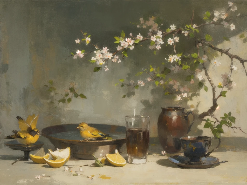 realistic, (best quality, masterpiece:1.3),Finch, branch,still_life, nature light