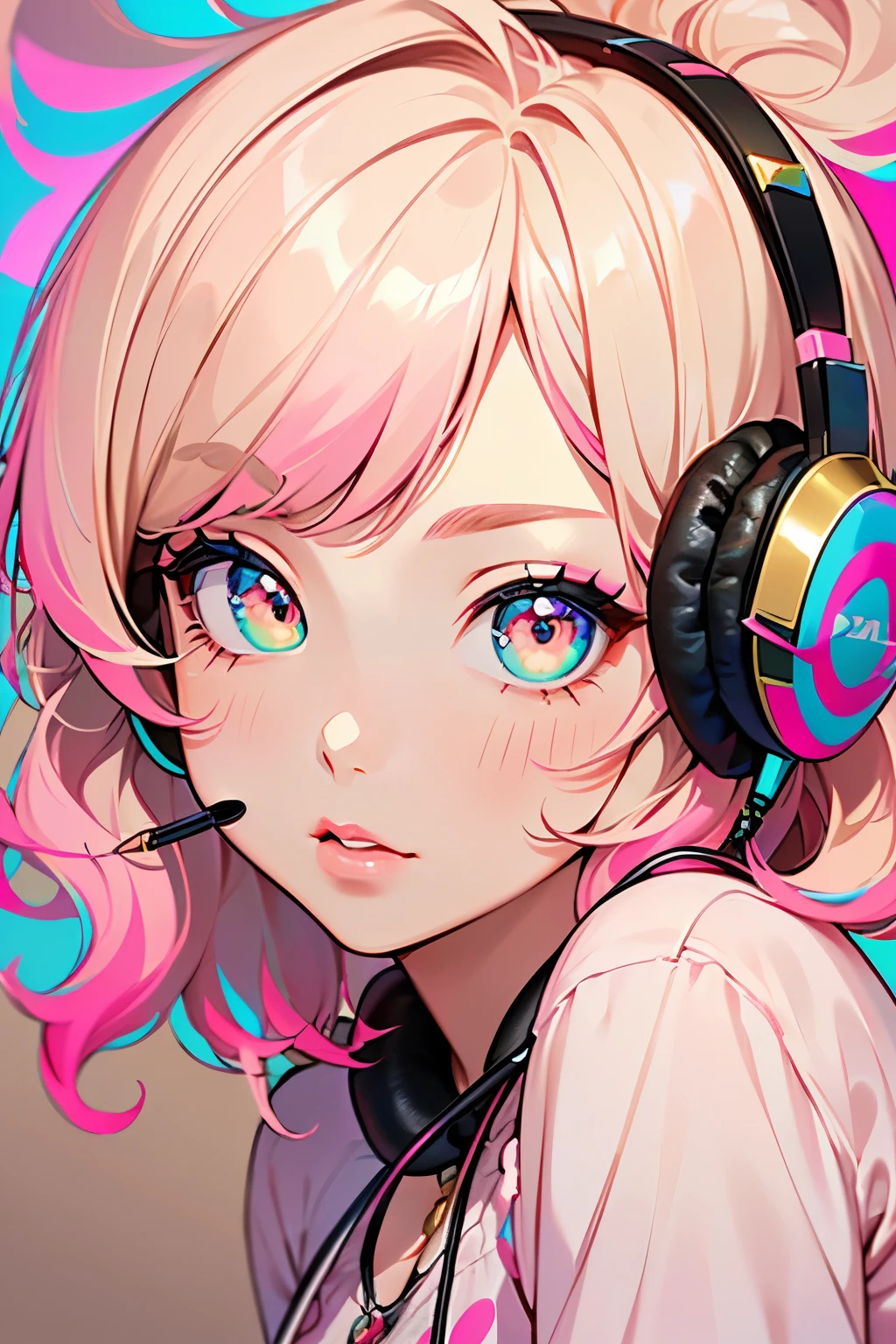 (brush),((cute,kawaii,wonderland)),((pastel color)),(Poke out your lips),((Lots of toys and sweets:1.1)),((Casual wear、Casual Style:1.3)),Shiny hair,(Natural Color),((Pink beige hair:1.2)),(Close-up of face:1.25),((Angle from under the chin:1.1)),(condescending:1.3),((Face colorful paint:1.2)),((headphone🎧:1.2)),(youtuber:1.3).