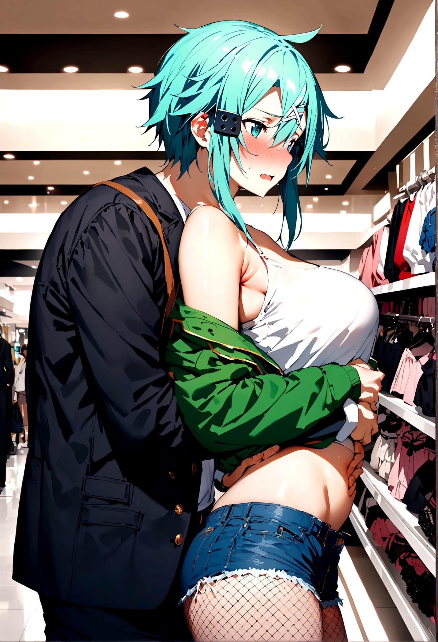 NSFW,masterpiece,Highest quality,High resolution,Super detailed,Sinon\(Sword Art Online\),Jacket,White T-shirt,cropped,Shorts,Fishnet tights,Shoulder bag,Embarrassed,expectant face,blush,Shopping mall,Lingerie Shop,Underwear section,Date,(boy),(Molestation),A man puts his hands on her waist and hugs her,A man fingering,From the side