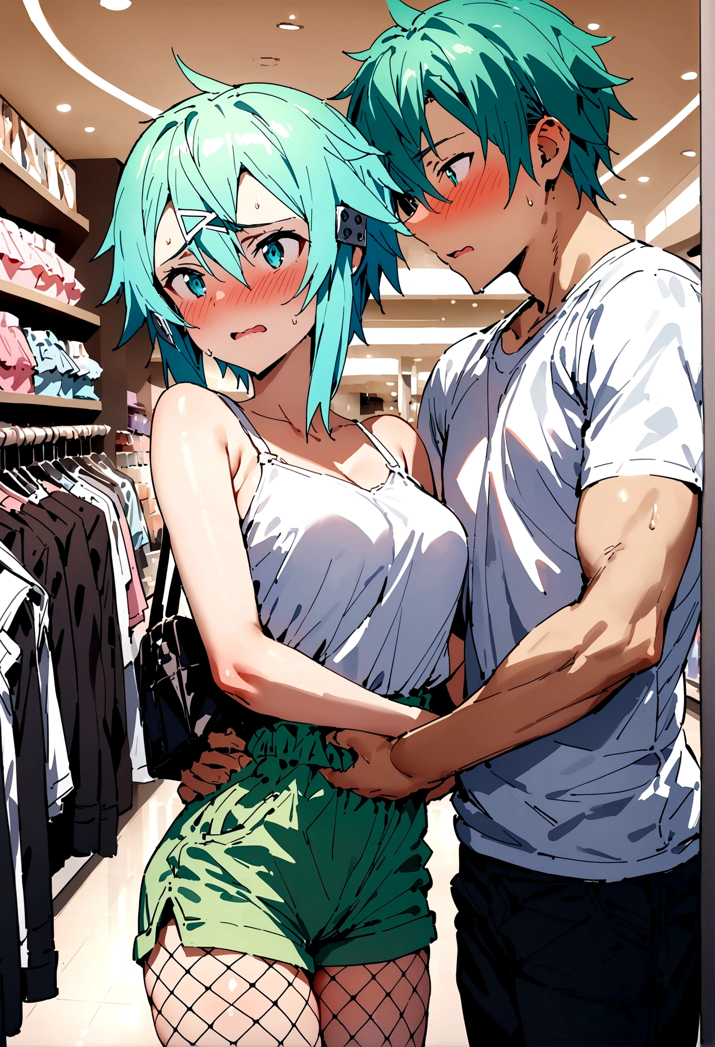 NSFW,masterpiece,Highest quality,High resolution,Super detailed,Sinon\(Sword Art Online\),Jacket,White T-shirt,cropped,Shorts,Fishnet tights,Shoulder bag,Embarrassed,expectant face,blush,Shopping mall,Lingerie Shop,Underwear section,Date,(boy),(Molestation),A man puts his hands on her waist and hugs her,A man fingering,From the side