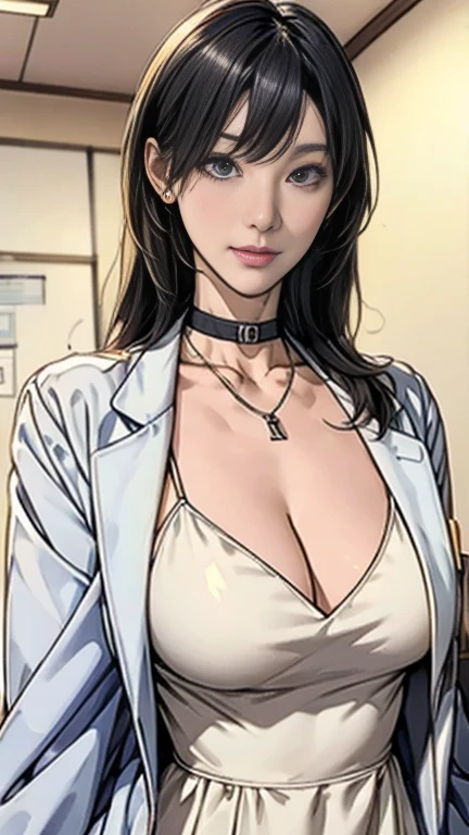 masterpiece, hot shot, ((best quality)), absurdres, perfect antomy, Tae Takemi, (Small smile), necklace, choker, dress, (Big breasts:1.3), braless, defined abdomen, labcoat, standing, doctor office background, sexy pose