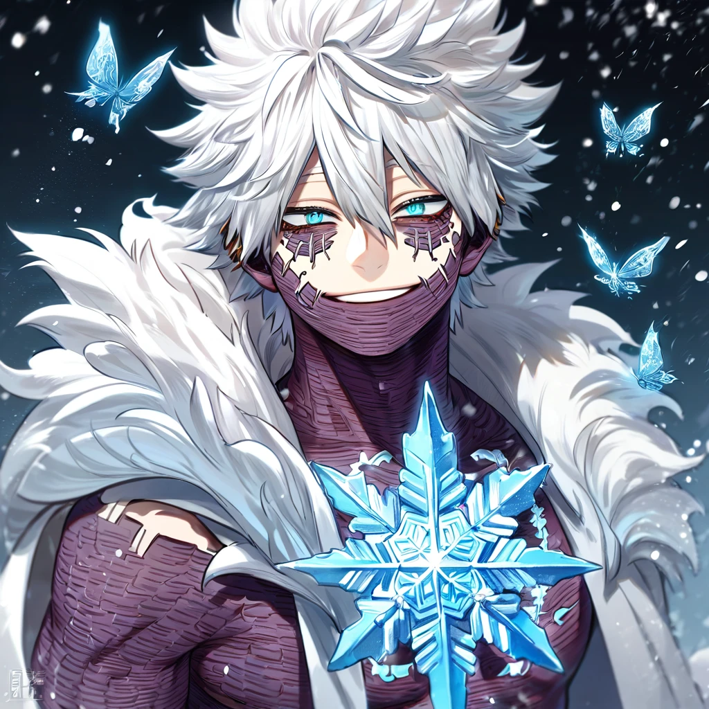 absurdres, highres, ultra detailed, HDR, master piece, best quality, extremely detailed, Dabi, white hair, expressive turquoise eyes, Boku No Hero Academia, solo, sexy man, handsome, smiling, white coat with fur, magical, fantasy, snowflakes, ice butterflies, ice, snowing