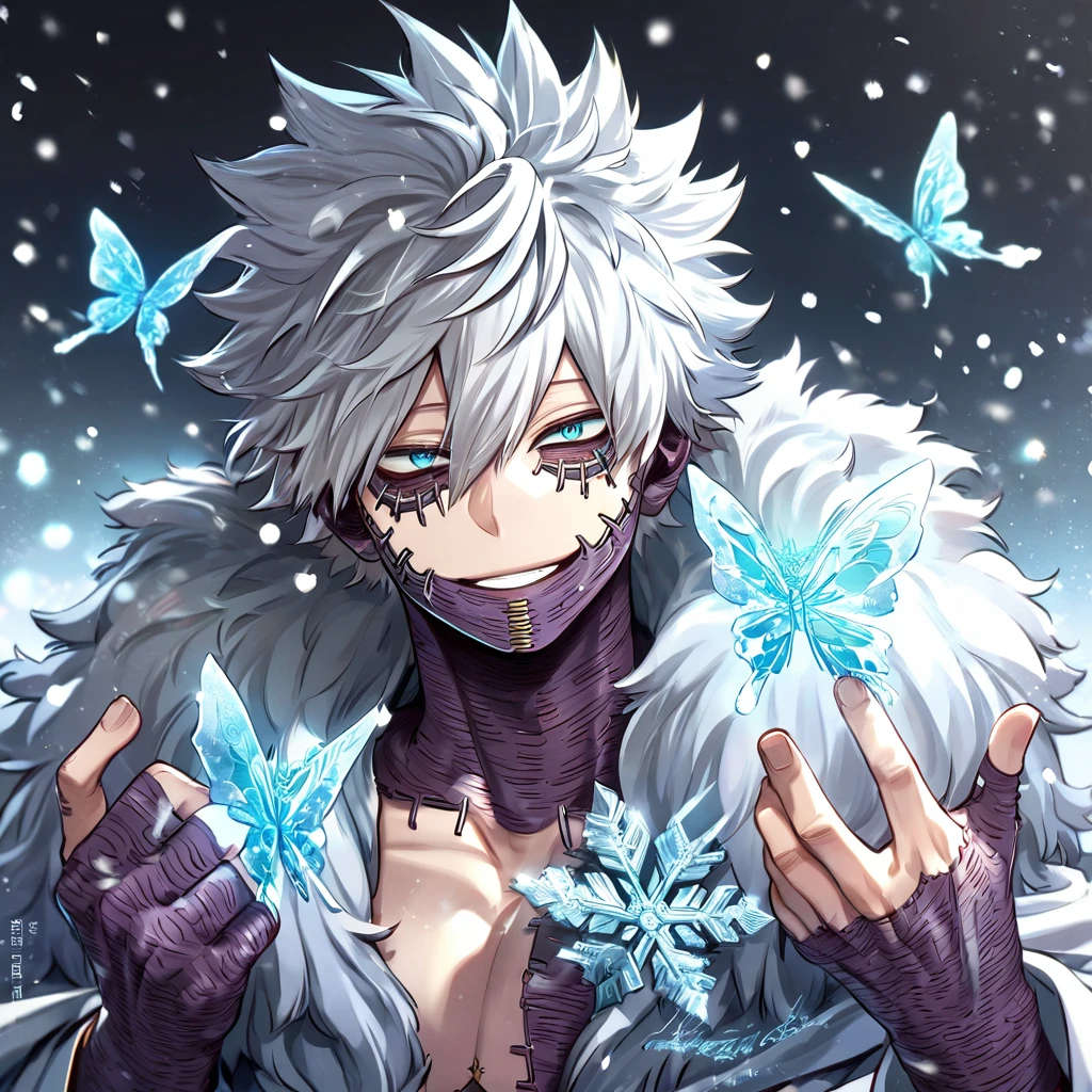 absurdres, highres, ultra detailed, HDR, master piece, best quality, extremely detailed, Dabi, white hair, expressive turquoise eyes, Boku No Hero Academia, solo, sexy man, handsome, smiling, white coat with fur, magical, fantasy, snowflakes, ice butterflies, ice, snowing