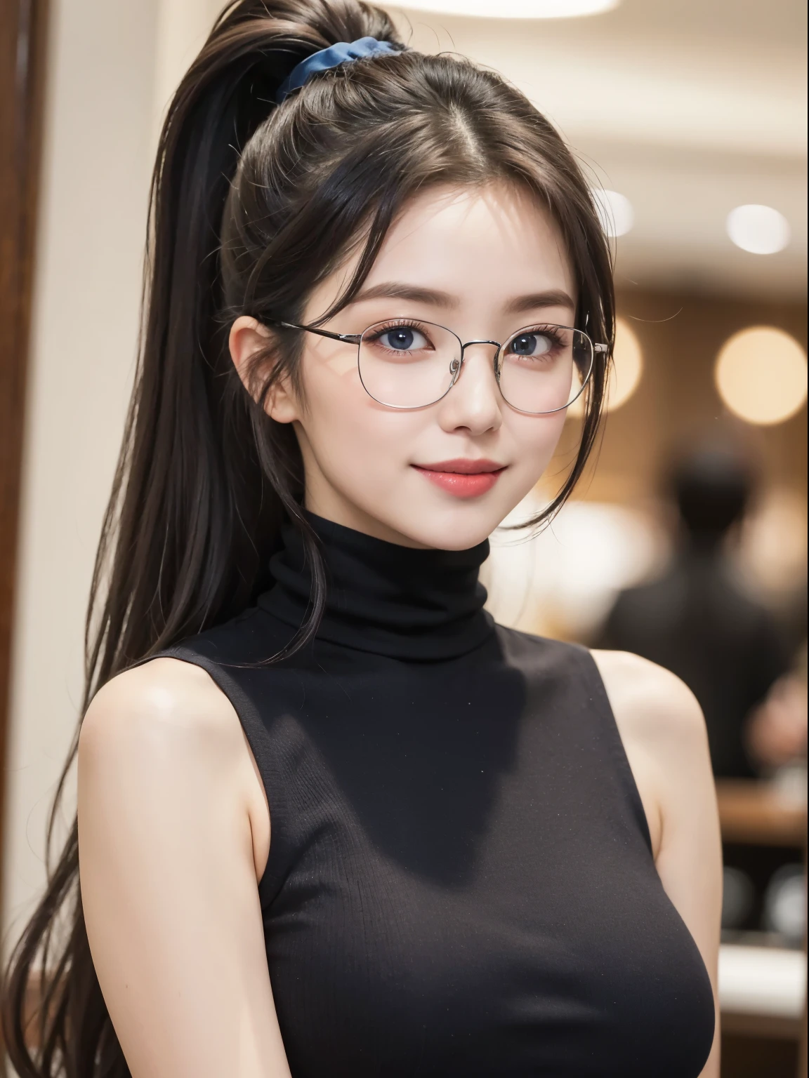 (Best quality, masterpiece, detailed), (RAW, 4k, hd images), 1 girl, 17 years old, white skin, long hair, ponytail, layers hair, bangs, black hair, beautiful girl, cute girl, sweet girl, pretty girl, perfect girl, perfect body, pretty eyes, blue eyes, thin lips, (eye line, lip soft), perfect breast, glasses(detailed frame), indoors, cafe, smile, hazelnut sleeveless turtleneck, upper body, cenimatic light