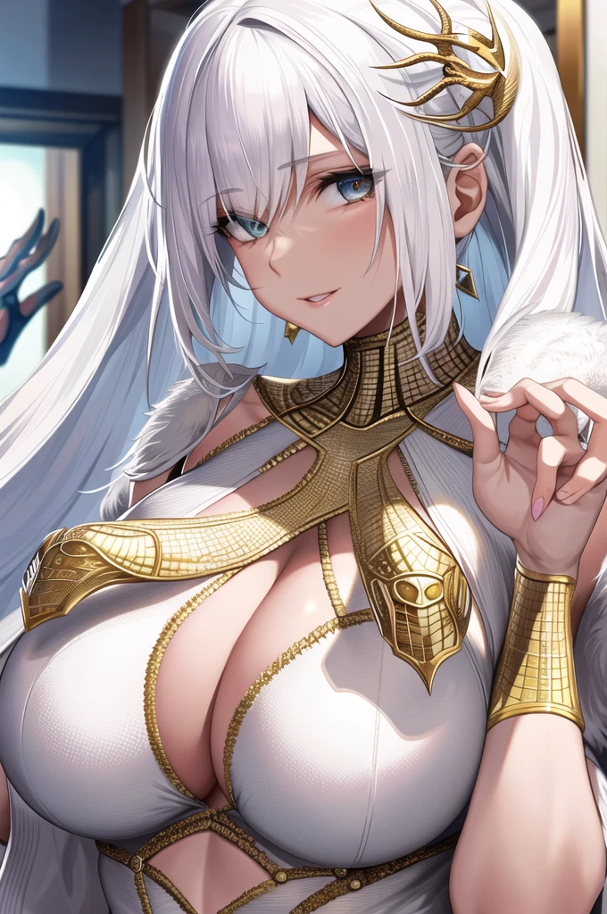 Beautiful white haired woman with detailed defined body using golden Spider-Man roleplay,gigantic cleavage breasts