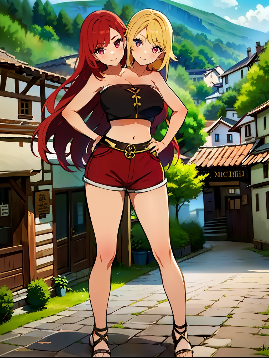 best quality, (masterpiece),(ultra-detailed), (high quality), (high resolution), ((2heads:1.5)), best quality:1.5, highres, UHD, 16K), ((two headed woman)), smiling, highres, masterpiece, ((red hair)), ((blonde hair)), ((different hair colors:1.5)), cleavage, ((crop top:1.5)), lustrous and smooth skin, seductive silhouette, gold rpg fantasy dress, sexy proportions, Beautiful girl with accentuated slender abs, ((full body)), ((village background:1.5)), ((exposed midriff)), body con dress, strapless, sleeveless, matching  eye color, ((long hair)), ((sandals)), ((hot pants))